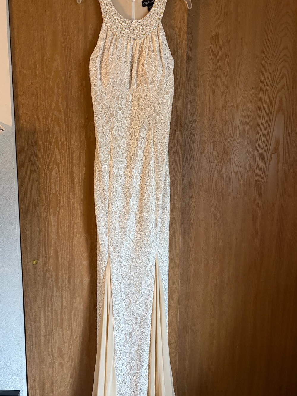 Vintage Caché Champagne Pearl Beaded Lace Mermaid Formal Gown Size 4